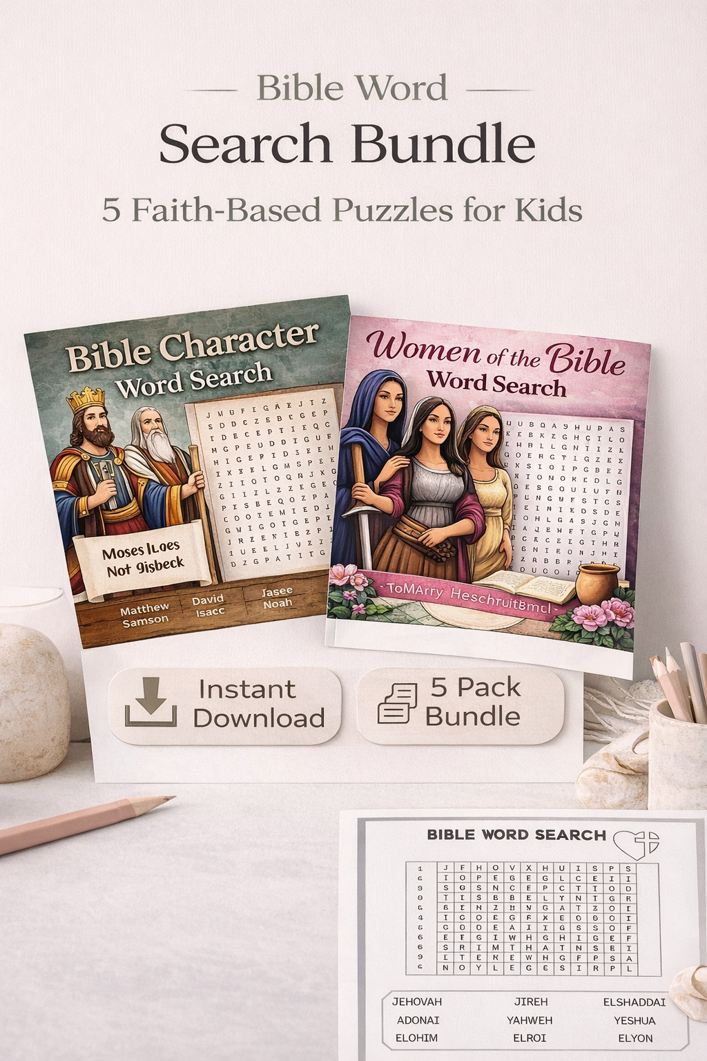 Bible Word Search Bundle (Printable) | 5 Faith-Based Puzzles | Christian Activity Pack