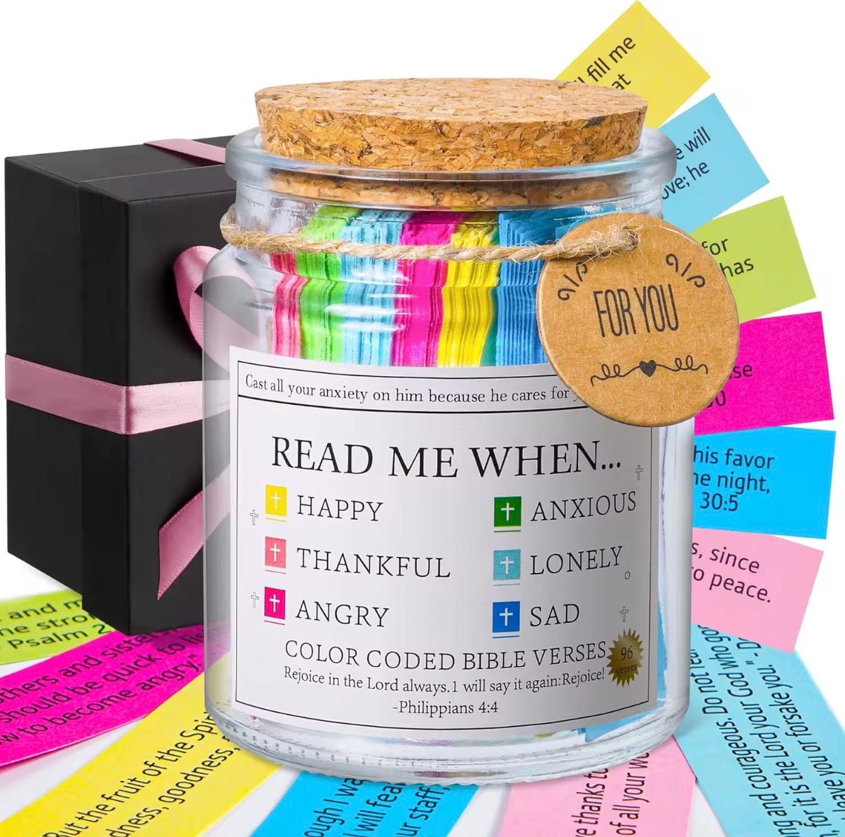 Read Me When Bible Verse Jar – 96 Color-Coded Scripture Cards for Every Emotion | Christian Gift for Women & Men