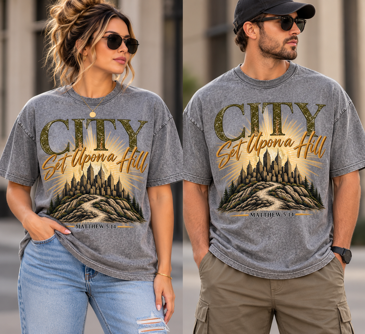 City Set Upon a Hill Vintage Washed Christian Tee | Matthew 5:14 Retro Oversized Faith Streetwear T-Shirt