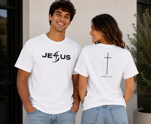 Jesus T-Shirt – One with Jesus Minimalist Graphic Tee | John 17:21 Faith Shirt | Unisex Christian Apparel