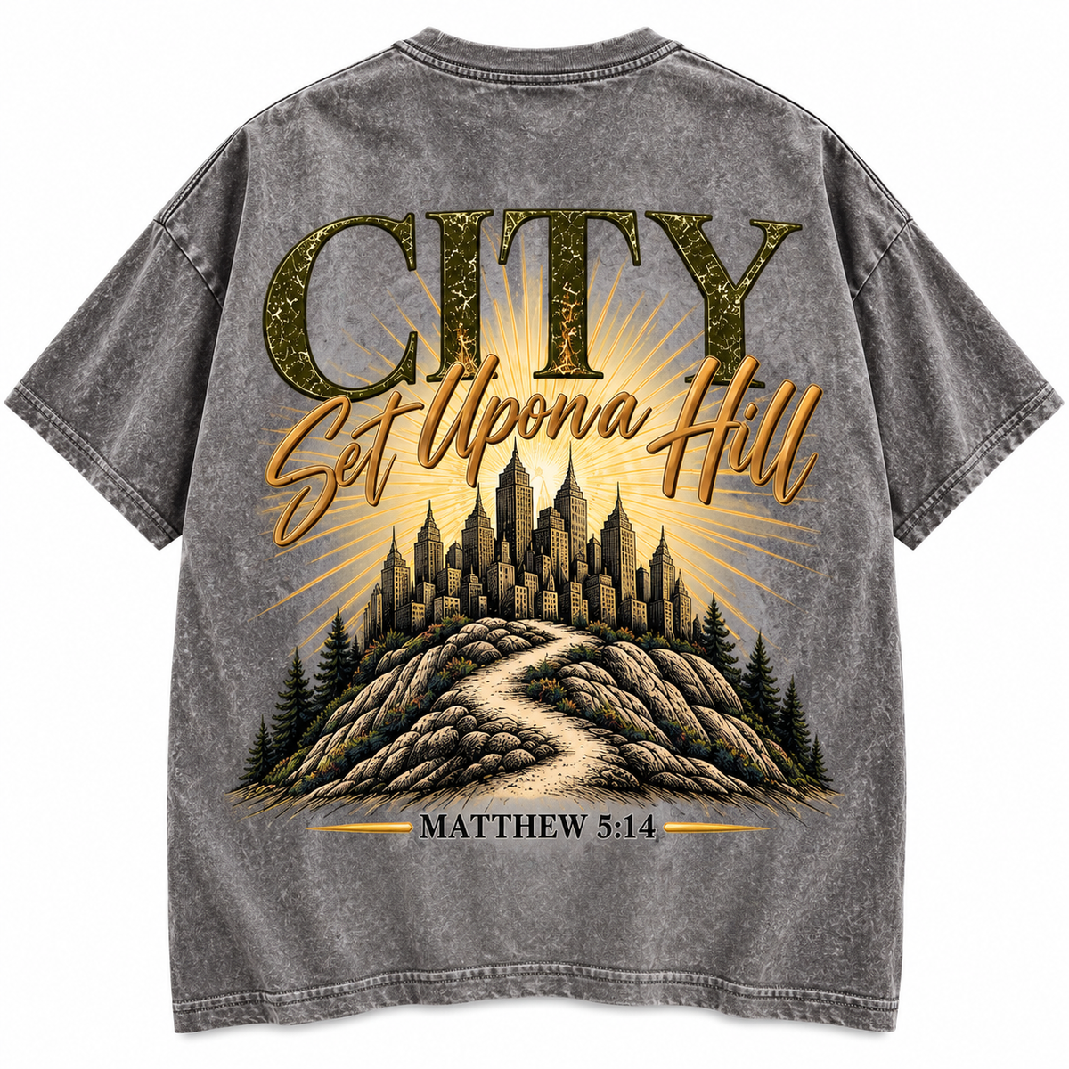 City Set Upon a Hill Vintage Washed Christian Tee | Matthew 5:14 Retro Oversized Faith Streetwear T-Shirt